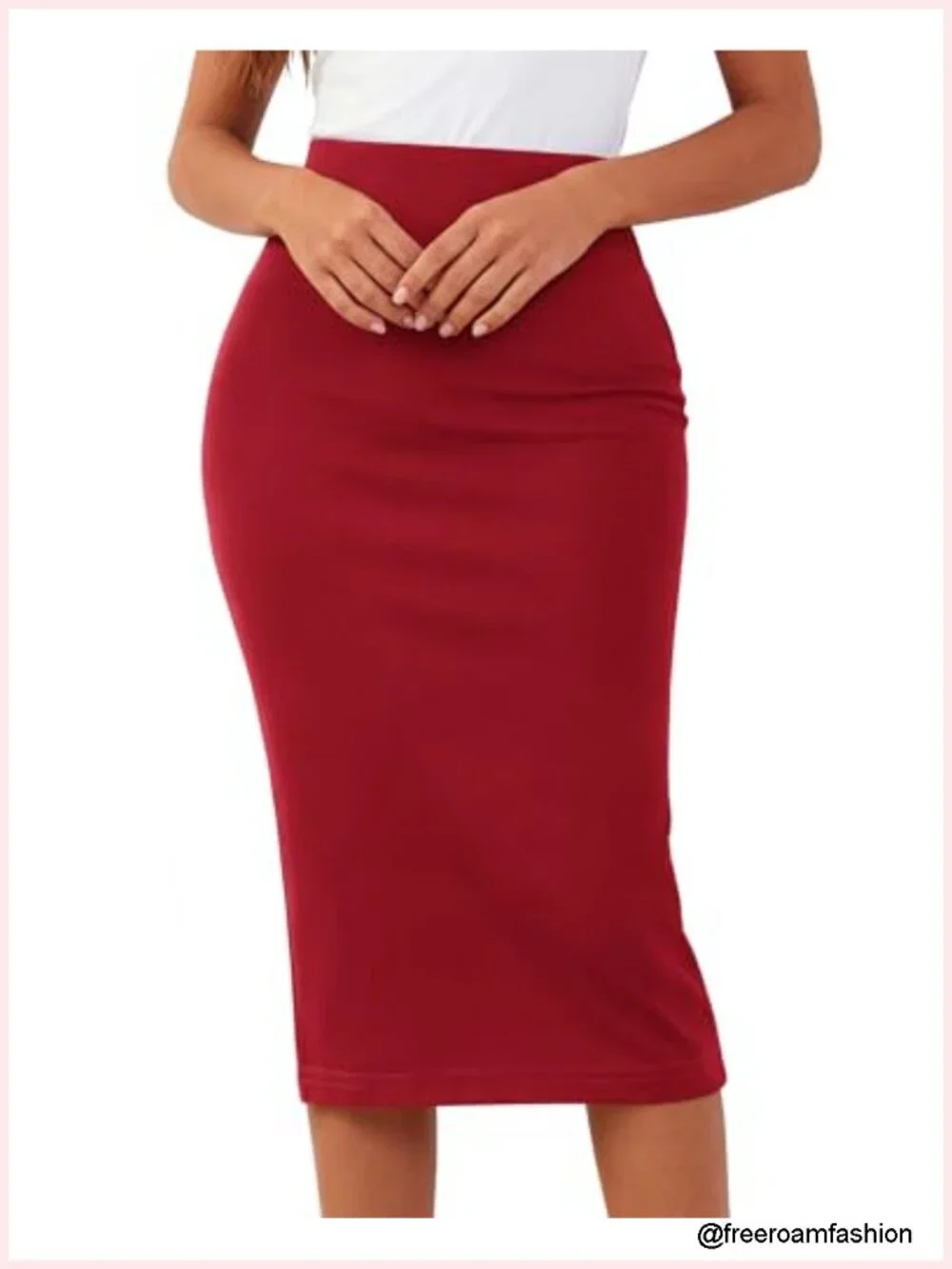 High Waist Pencil Skirt with Back Slit Midi Length Stretch Business Casual